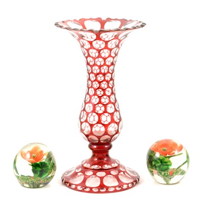 Lot 46 - Pair of floral glass paperweights, and a glass vase.