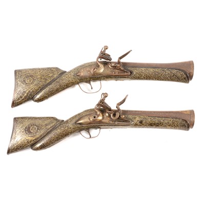Lot 10 - Pair of Turkish flintlock blunderbuss pistols