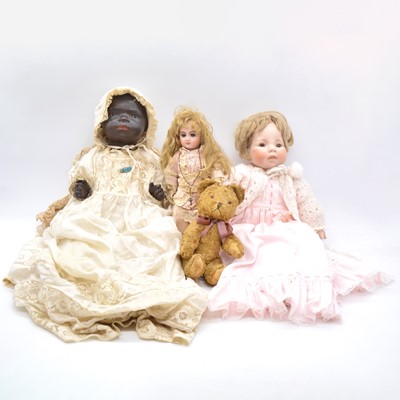 Lot 1008 - Heubach Koppelsdorf, bisque head baby doll, vintage teddy bear and two other dolls.