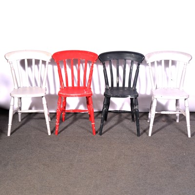 Lot 490 - Set of eight painted pine kitchen chairs