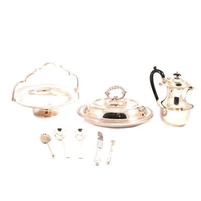 Lot 208 - A silver-plated four piece teaset, entree dish, flatware, cake stand, pair of goblets.