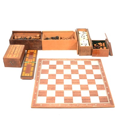 Lot 216 - Modern chess board, wooden chess sets, cribbage board, etc.