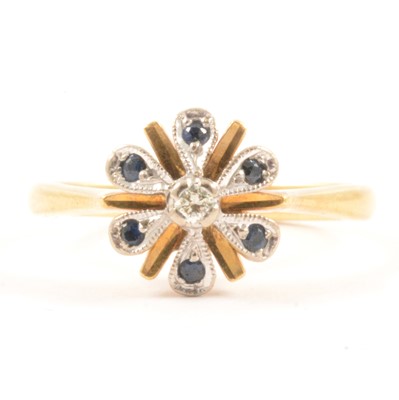 Lot 53 - A sapphire and diamond cluster ring.