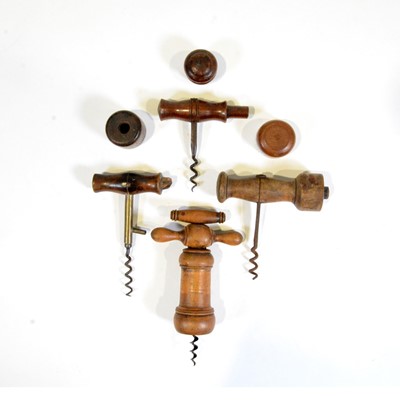 Lot 50 - Three Codd bottle corkscrews, boxwood corkscrew and three bottle caps