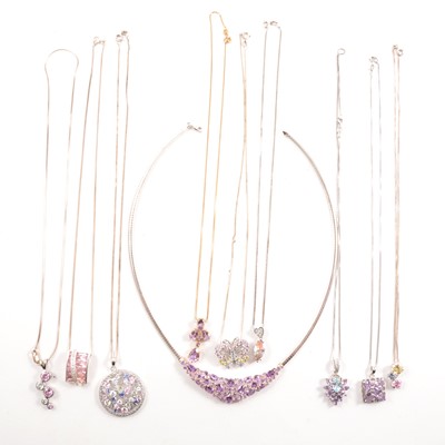 Lot 262 - Nine pastel coloured gemset pendants on white chains and one necklet.