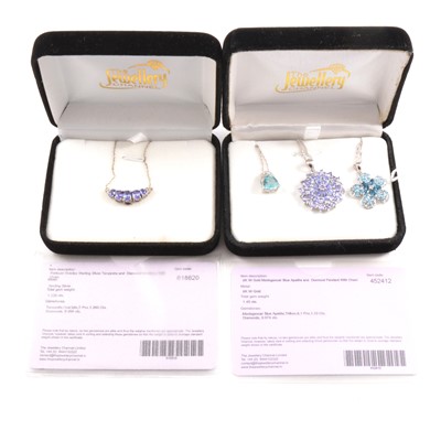 Lot 400 - Three gemset pendants with 9 carat white gold and white metal chains.