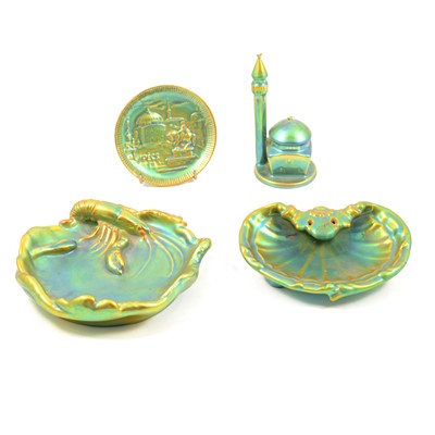 Lot 14 - Zsolnay Pecs lobster dish, shell dish, mosque and souvenir pin dish.