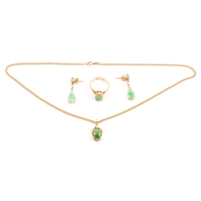 Lot 235 - A set of modern jade jewellery, ring, earrings, pendant and chain.