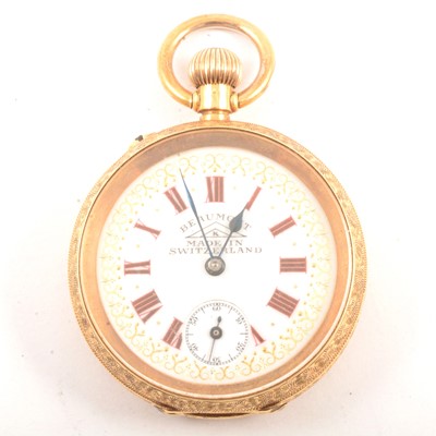Lot 310 - Beaumont - A yellow metal open face fob watch.