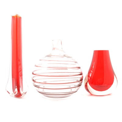 Lot 24 - Barnaby Powell for Whitefriars, ribbon vase and two Geoffrey Baxter Whitefriars vases