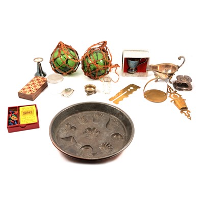 Lot 170 - Two glass fishing floats, copper mould, etc