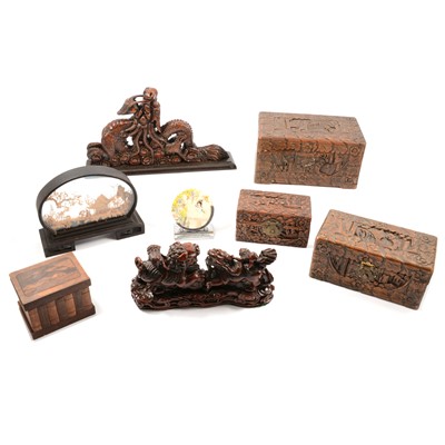 Lot 82 - Three Chinese carved hardwood boxes, other carvings, etc.
