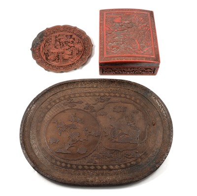 Lot 97 - Chinese cinnabar lacquered box, small plaque and a tray