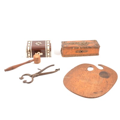 Lot 159 - Two walking canes, child's riding crop, wooden boxes.