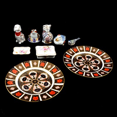 Lot 15 - Two Crown Derby Imari plates, Derby Posies ware, and similar paperweights