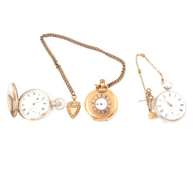 Lot 211 - A gold-plated half hunter pocket watch, two silver pocket watches, and yellow metal watch chain.