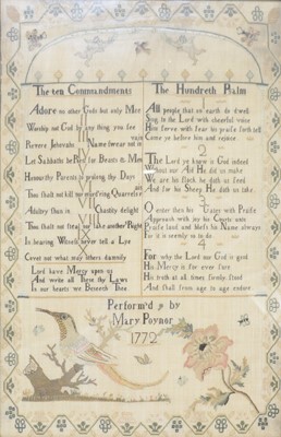 Lot 167 - George III needlework sampler, Perform'd by Mary Poynor, 1772