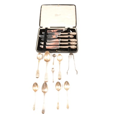 Lot 239 - Set of six silver-handled butter knives, William Yates Ltd, Sheffield 1947, and other flatware.