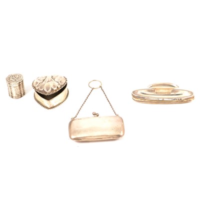 Lot 230 - Silver purse, G Norman, Birmingham 1917, and other small silver and white metal items.