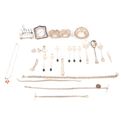 Lot 236 - Silver toast rack, Robert Pringle & Sons, London 1926, and other small silver and white metal items.