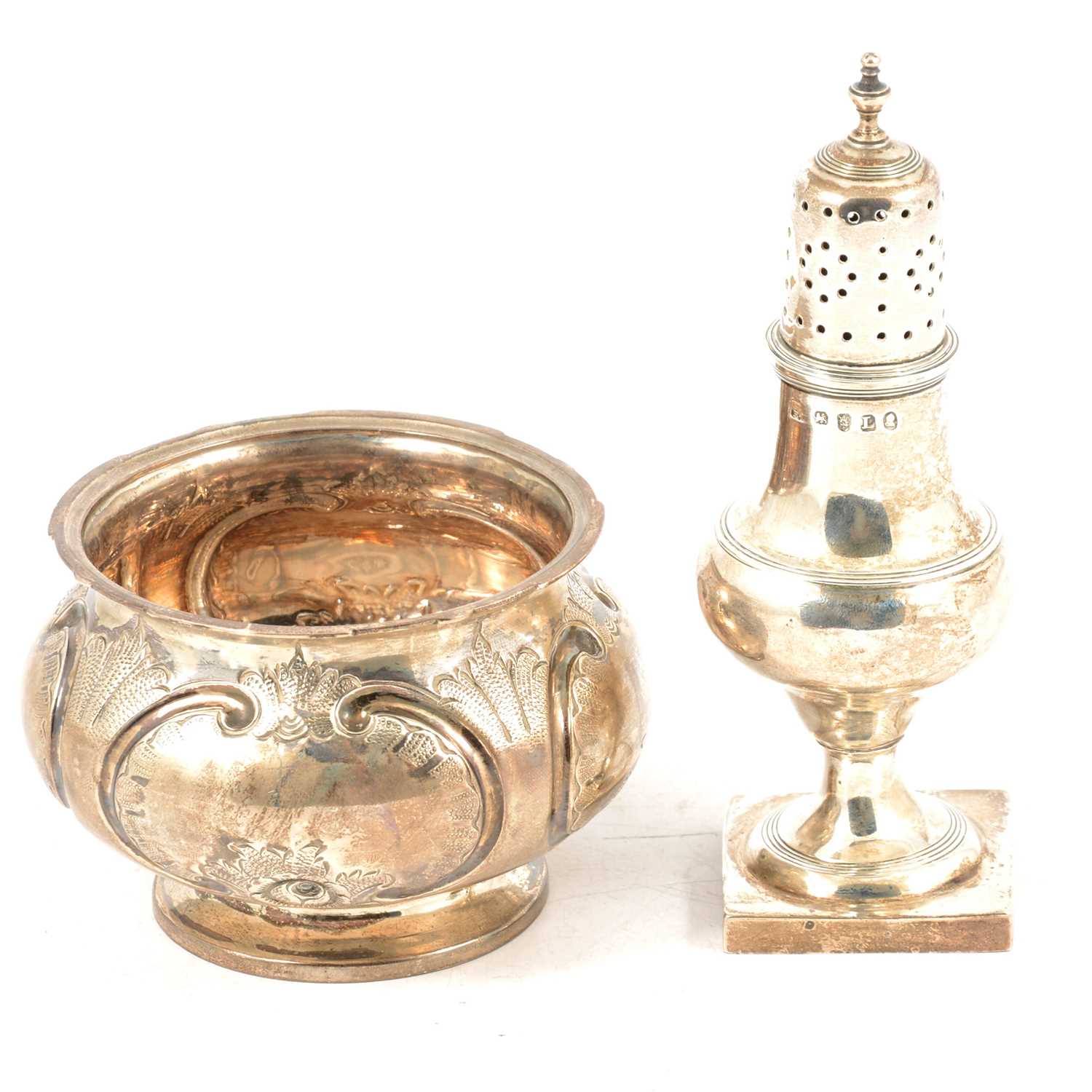 Lot 232 - A small silver caster by Samuel & Edward Davenport, London 1806  and a silver bowl.