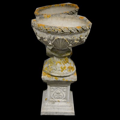 Lot 418 - Pair of pedestal garden urns, on rectangular plinths