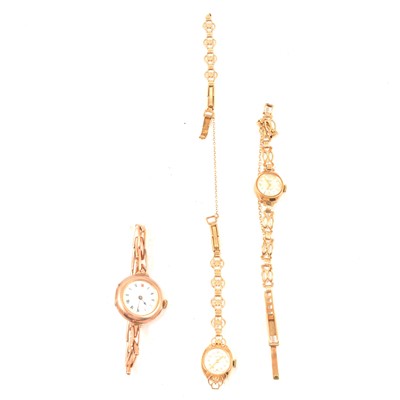 Lot 361 - Three ladies' 9 carat yellow gold wristwatches.