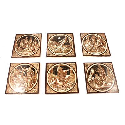 Lot 502 - Set of six Minton Victorian Art Pottery tiles, designed by John Moyr Smith