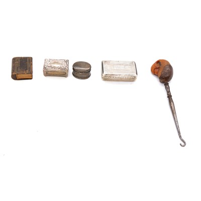 Lot 434 - A George IV silver snuff box, matchbox holder, ring box, button hook.