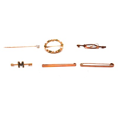 Lot 249 - Four bar brooches, garland brooch and stick pin.