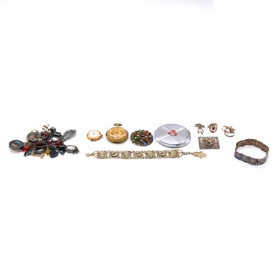 Lot 415 - A gold-plated pocket watch, gold wristwatch, compact, silver and costume jewellery.