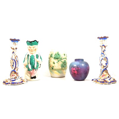 Lot 28 - Pair of Chamberlain's Worcester rococo pattern candlesticks, etc.