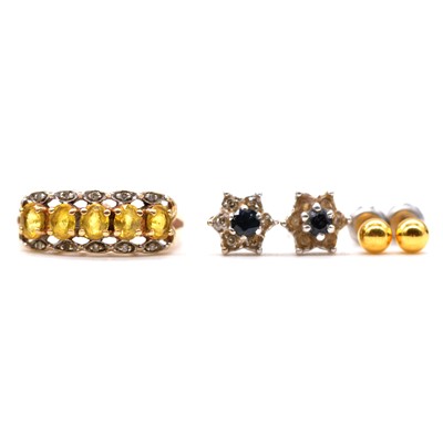 Lot 78 - A yellow stone and diamond ring and two pairs of earrings