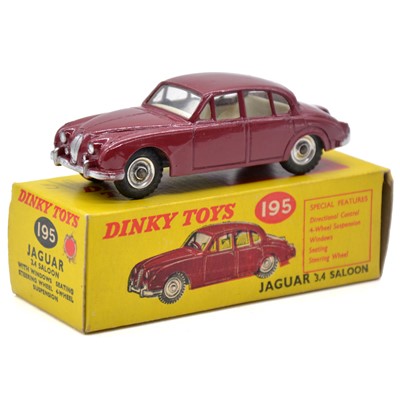 Lot 8 - Dinky Toys model 195 Jaguar 3.4 Saloon, dark red body, spun hubs, boxed.