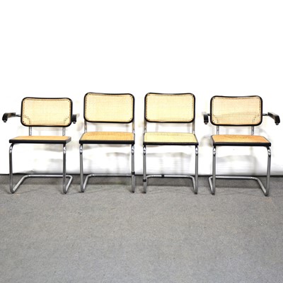 Lot 49 - Set of four chrome framed cantilevered chairs, and an ebonised circular pedestal table