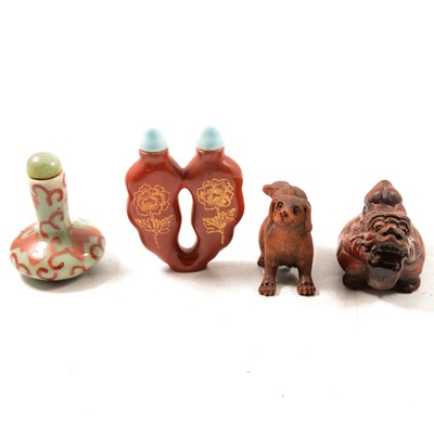 Lot 56 - Two wooden netsuke and two scent bottles