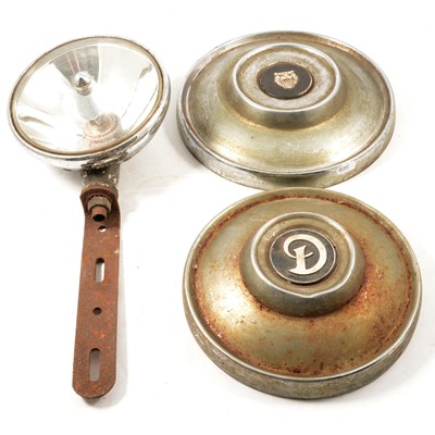 Lot 90 - Various car hub caps, headlight and a model railway turntable.