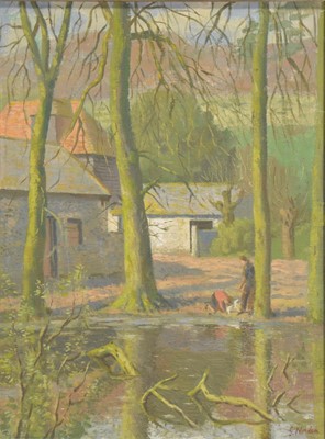 Lot 307 - Gerald Norden, Figures and buildings in woodland