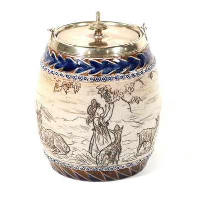 Lot 693 - Doulton Lambeth, a stoneware biscuit barrel, incised by Hannah Barlow, 1881