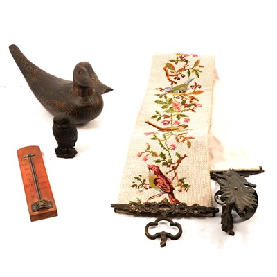 Lot 184 - Needlework bell pull, turned and carved wooden model of a duck, etc.