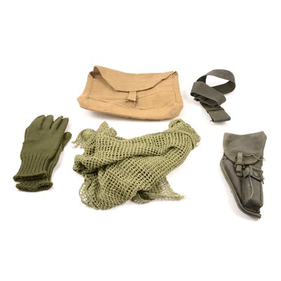 Lot 135 - Three boxes of military haversacks, webbing, gloves, belts, etc.