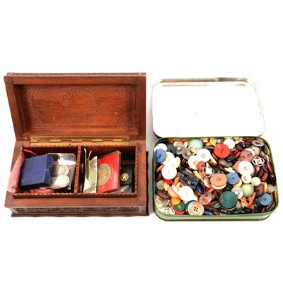 Lot 179 - Three carved wooden boxes, small quantity of coinage, and buttons