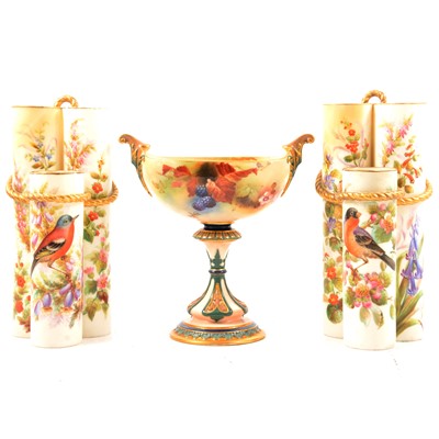 Lot 83 - Pair of Royal Worcester tubular spill vases and a Hancock Worcester pedestal bowl