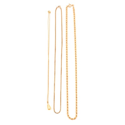 Lot 281 - Three gold / yellow metal chains and a cultured pearl drop.