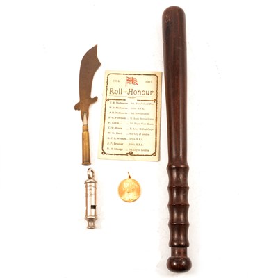 Lot 229 - WW1 death penny and other ephemera, Trench Art knife, truncheon and other collectables.