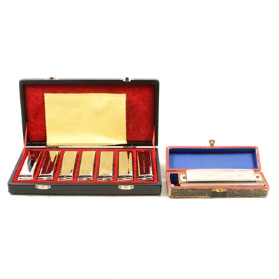 Lot 256 - Set of Swan 1020 Blues Harmonica, cased, and a Hohner Super Chrominica, boxed.