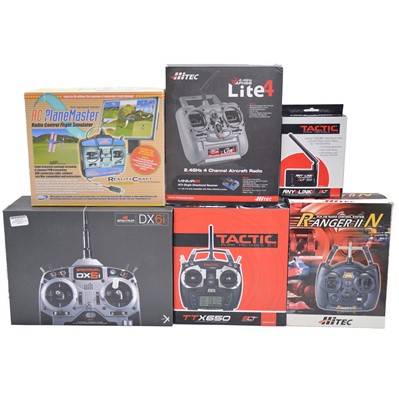 Lot 477 - Five drone and model aircraft remote control units, including Tactic, Hitec, Spectrum