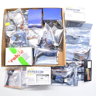 Lot 474 - A box containing model aircraft electric motors, ESC's, and others, including Ripmax and Overlander