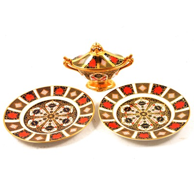 Lot 24 - Two Royal Crown Derby Imari pattern plates and a small lidded tureen.