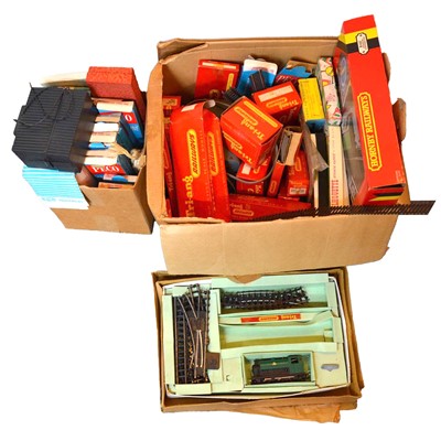 Lot 298 - Two boxes of OO gauge track, trackside accessories and control units, some boxed.